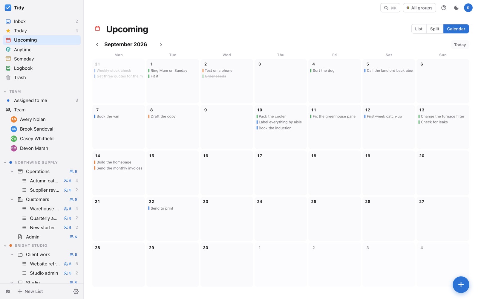 Tidy's month calendar with to-dos on each day, colour-coded by group.