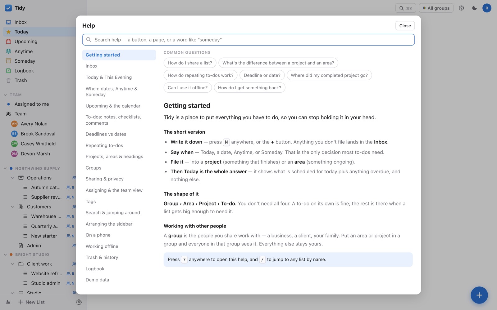 Tidy's built-in help: searchable topics down the side, an article beside them.