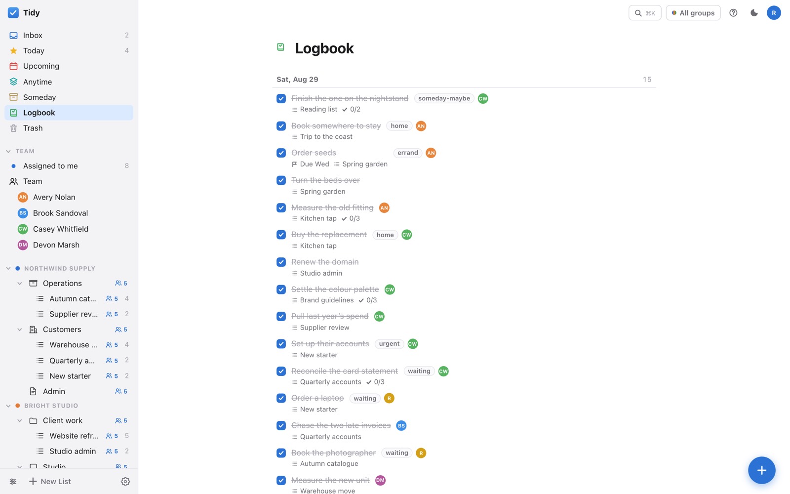 The Logbook, listing completed to-dos newest first with completed projects below.