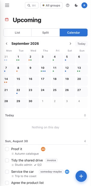 Tidy's month view on a phone, a dot per to-do with an agenda underneath.