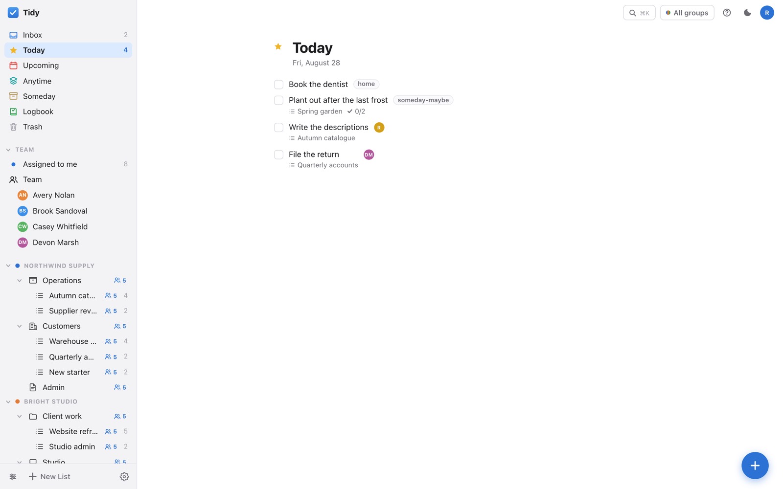 The Tidy Today list: four to-dos with tags, project names and the people they are assigned to, beside a sidebar of groups, areas and projects.