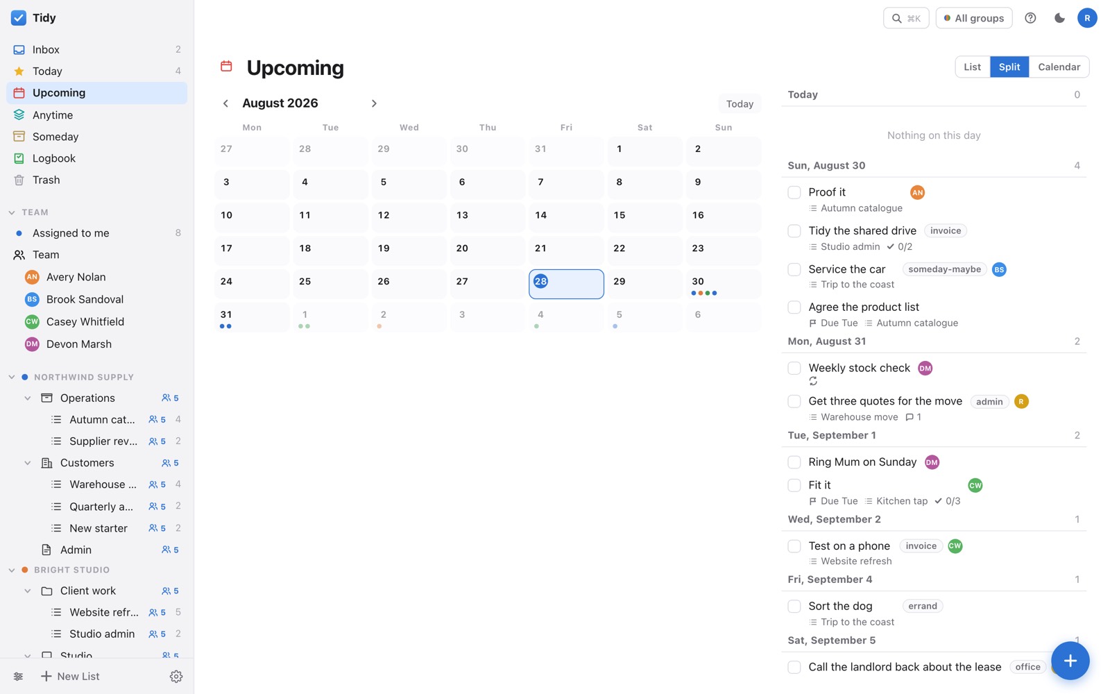The split view: a month calendar on the left, the list of dated to-dos on the right.